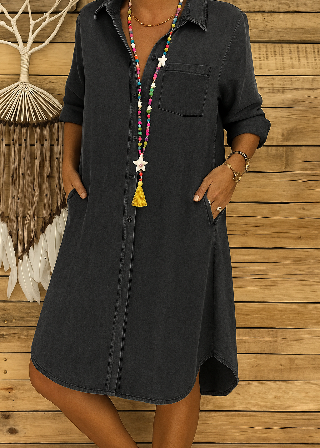 Robe Chemise Femme en Jean avec Boutons et Poches Poitrine