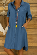 Robe Chemise Femme en Jean avec Boutons et Poches Poitrine