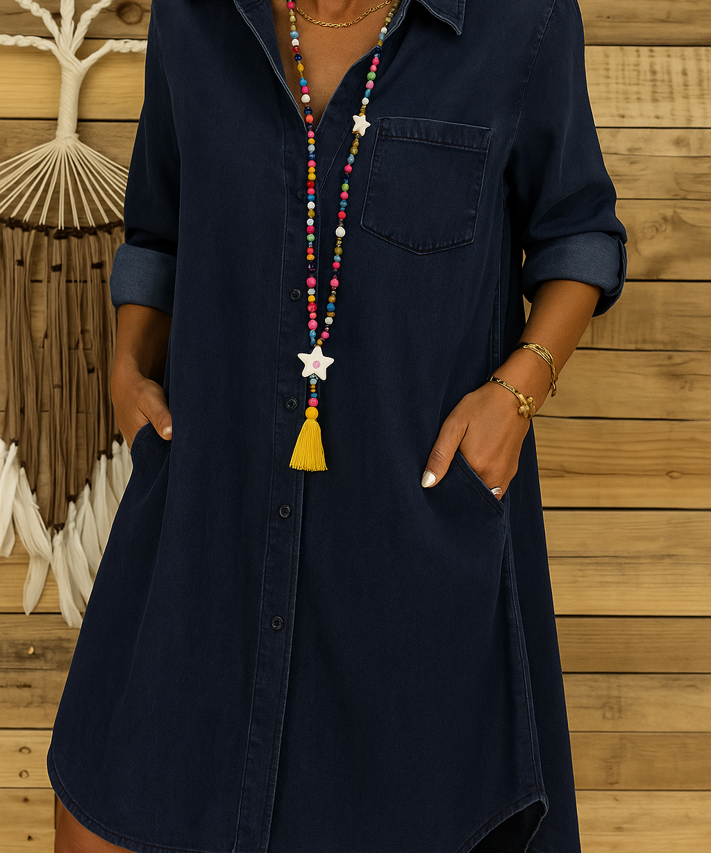 Robe Chemise Femme en Jean avec Boutons et Poches Poitrine