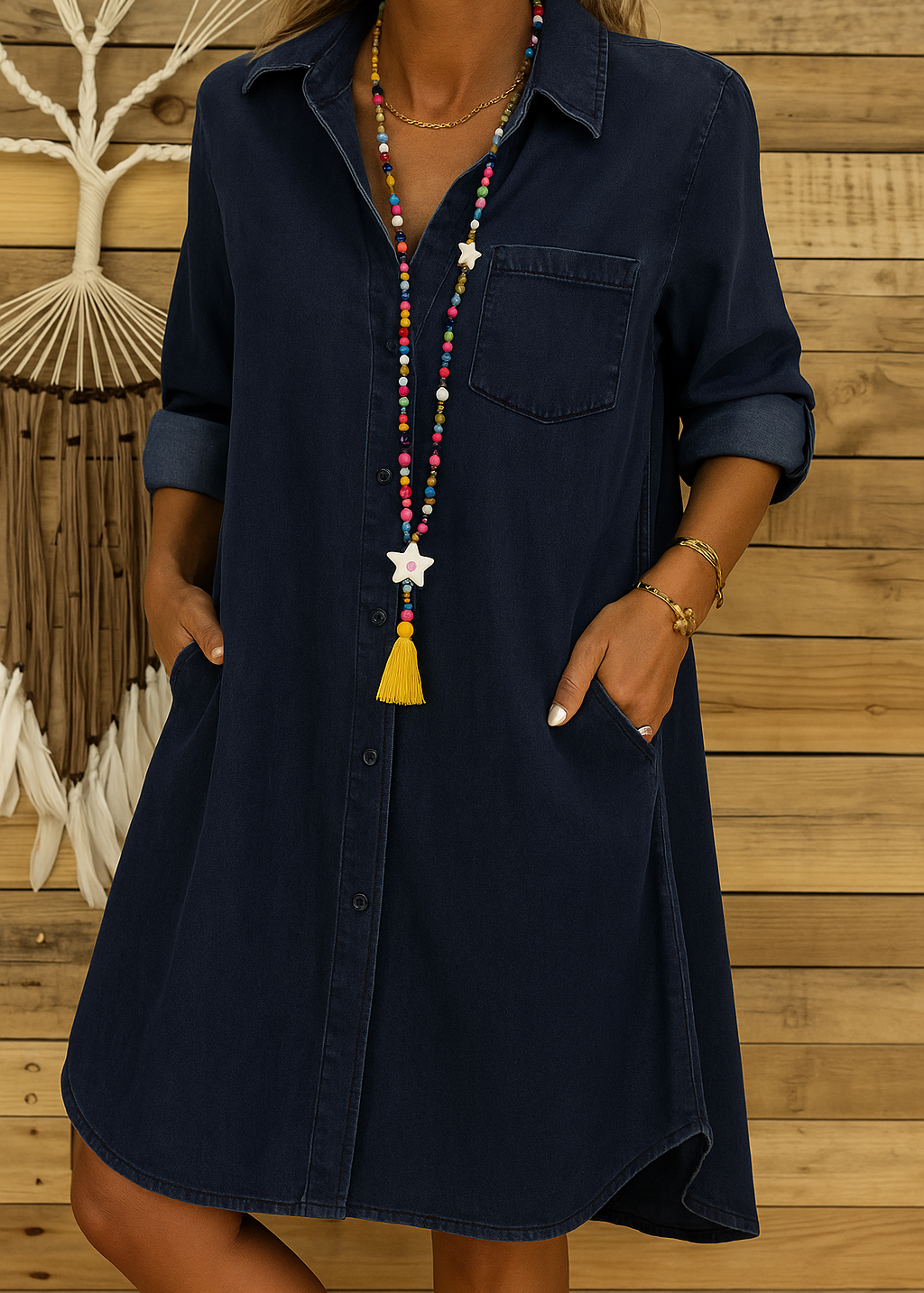 Robe Chemise Femme en Jean avec Boutons et Poches Poitrine