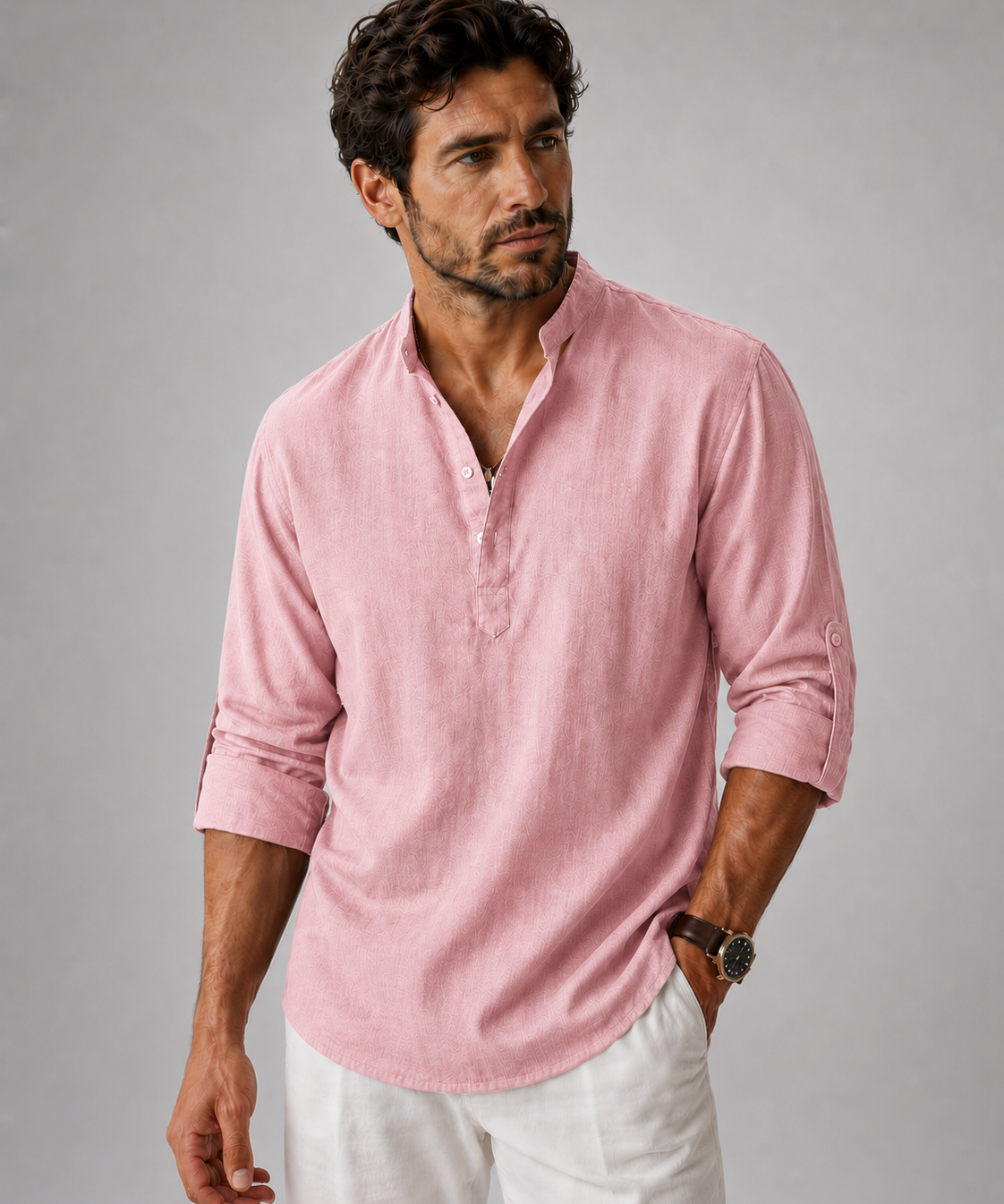 Chemise Henley en Coton et Lin – Manches Longues, Coupe Décontractée, Pour le Quotidien