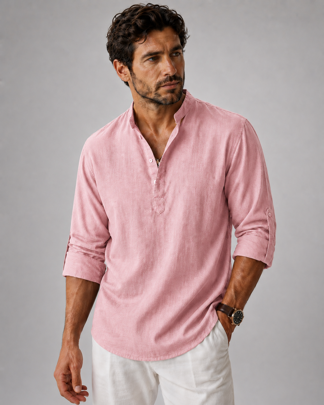 Chemise Henley en Coton et Lin – Manches Longues, Coupe Décontractée, Pour le Quotidien