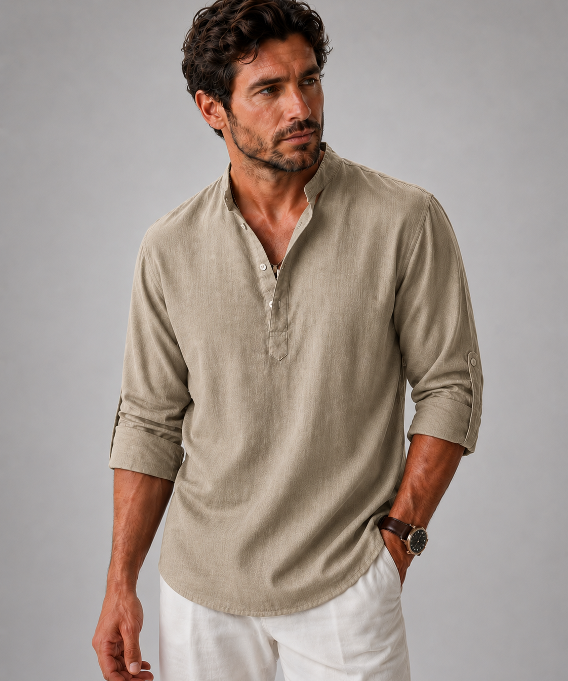 Chemise Henley en Coton et Lin – Manches Longues, Coupe Décontractée, Pour le Quotidien