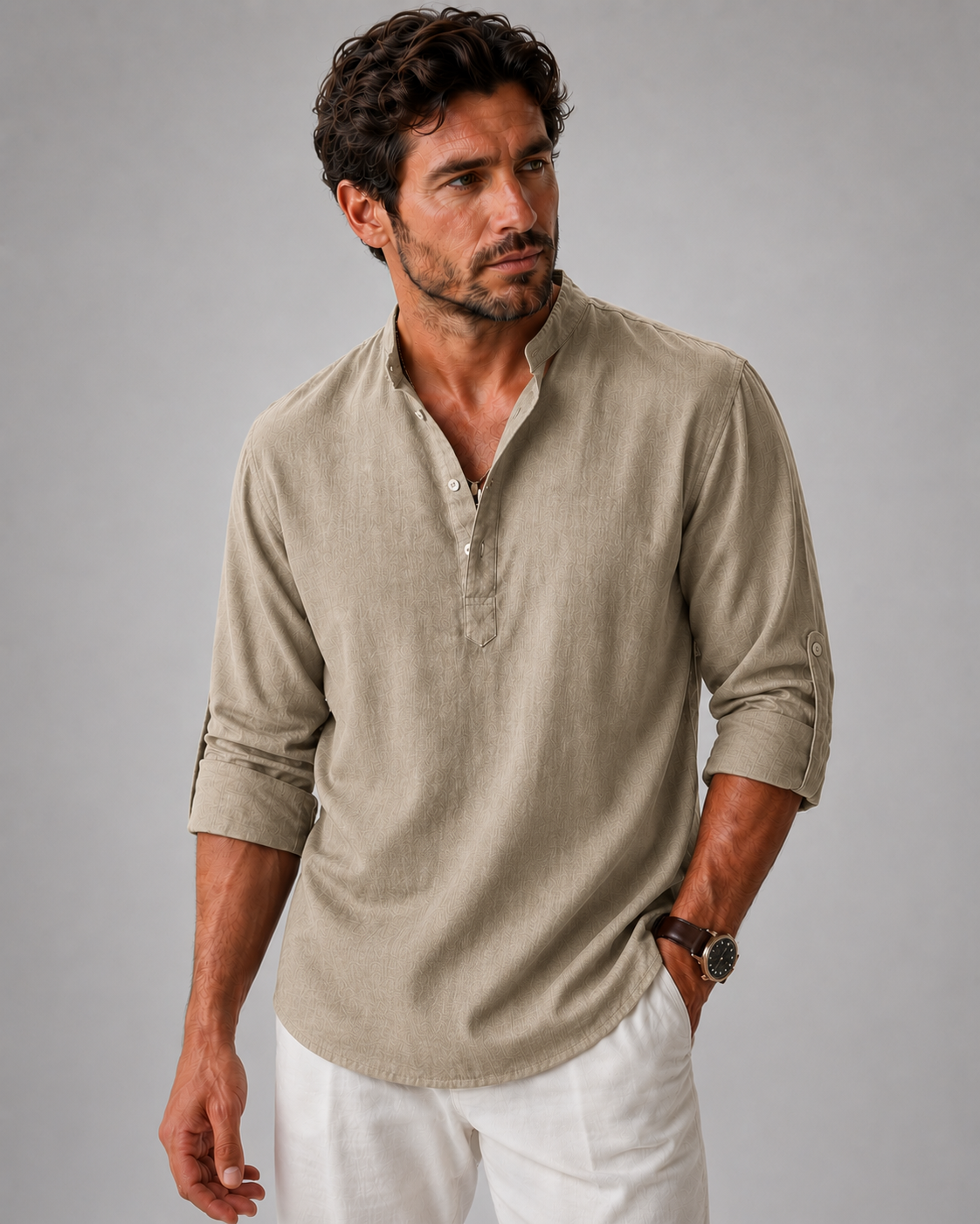 Chemise Henley en Coton et Lin – Manches Longues, Coupe Décontractée, Pour le Quotidien