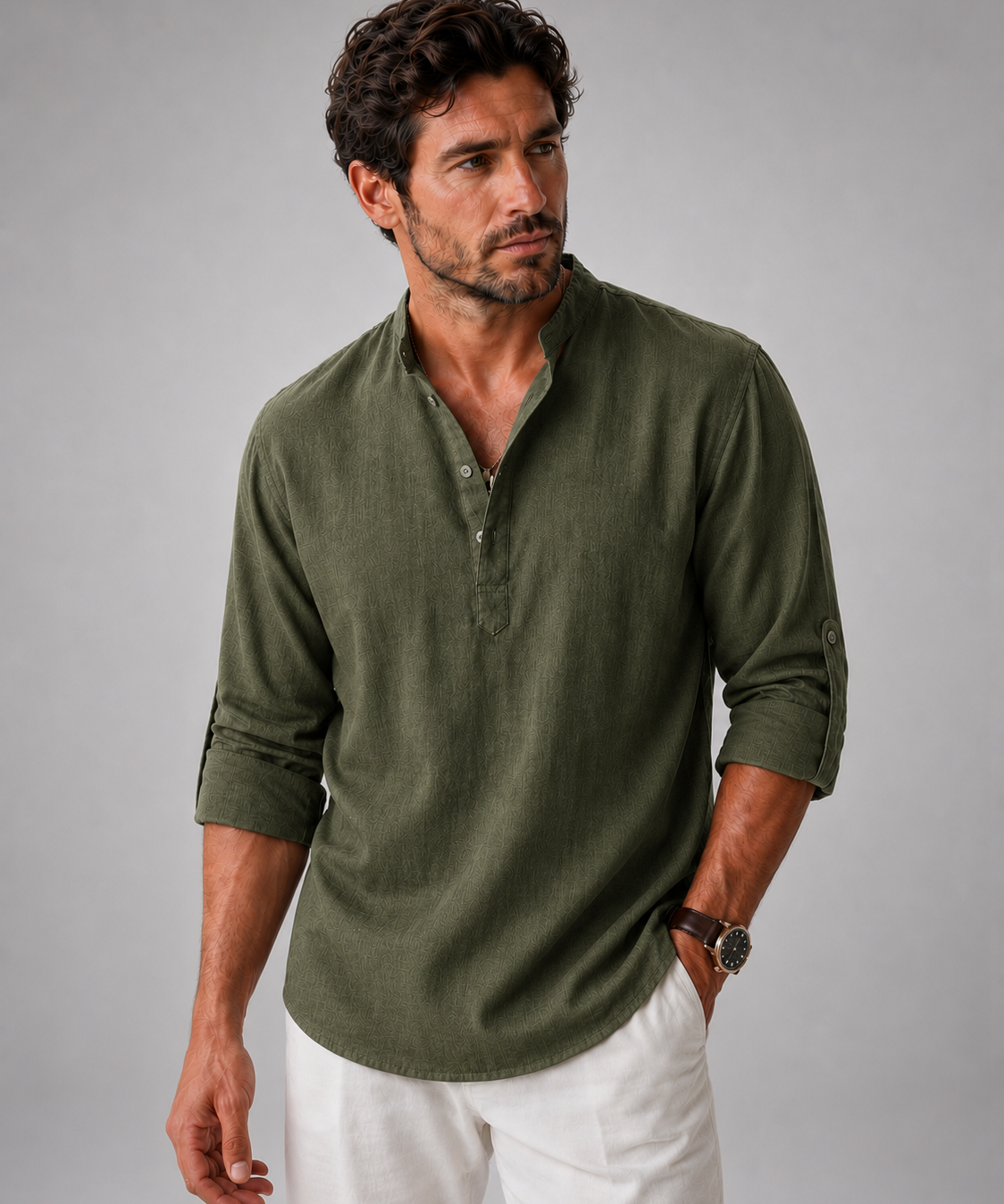 Chemise Henley en Coton et Lin – Manches Longues, Coupe Décontractée, Pour le Quotidien