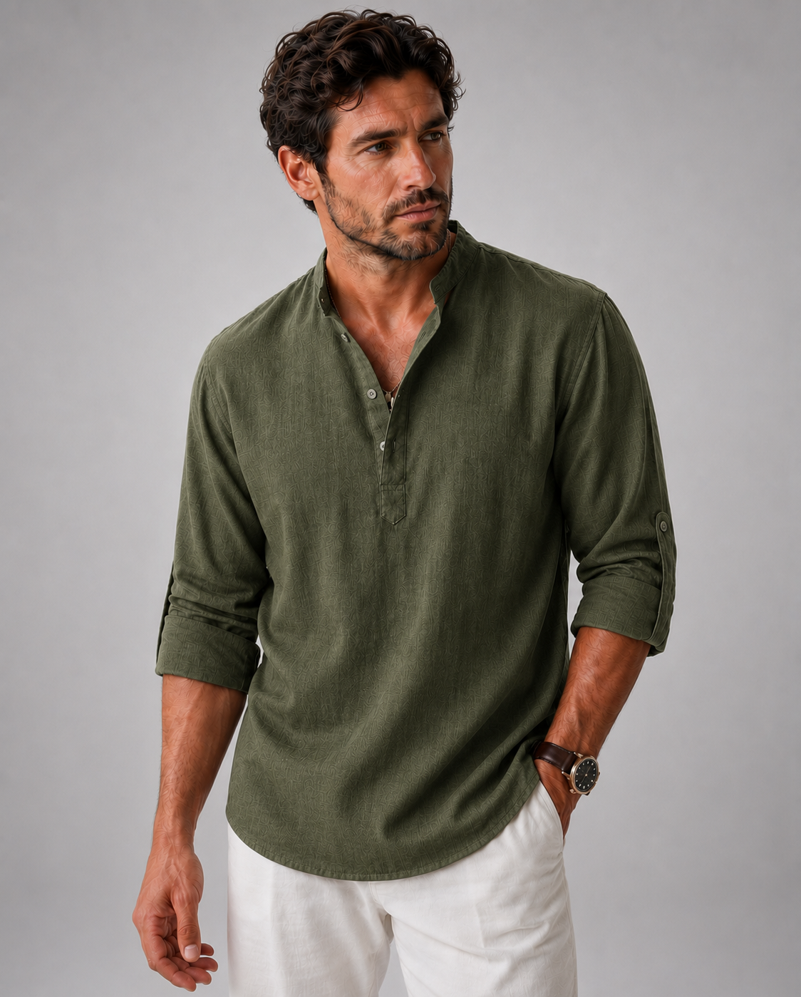 Chemise Henley en Coton et Lin – Manches Longues, Coupe Décontractée, Pour le Quotidien