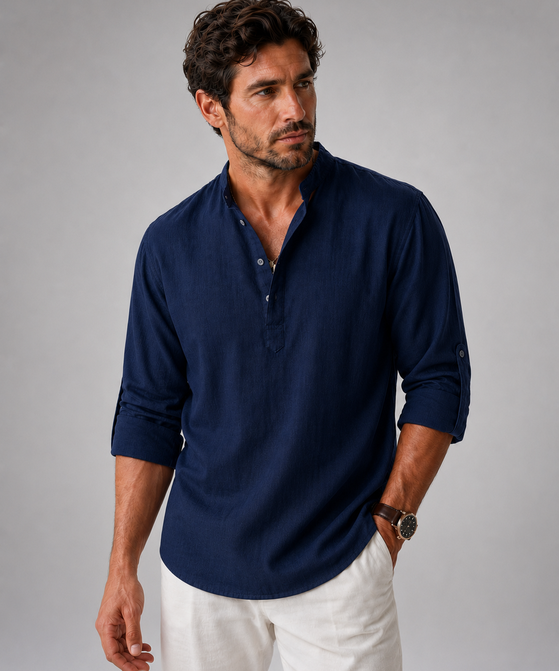 Chemise Henley en Coton et Lin – Manches Longues, Coupe Décontractée, Pour le Quotidien