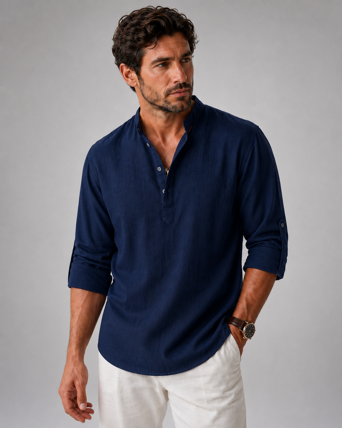 Chemise Henley en Coton et Lin – Manches Longues, Coupe Décontractée, Pour le Quotidien