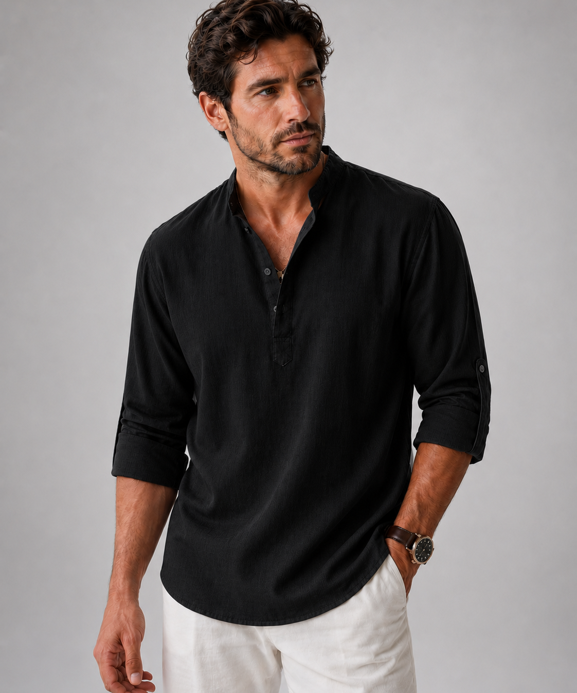 Chemise Henley en Coton et Lin – Manches Longues, Coupe Décontractée, Pour le Quotidien