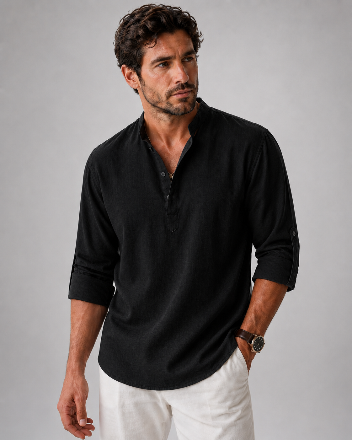 Chemise Henley en Coton et Lin – Manches Longues, Coupe Décontractée, Pour le Quotidien