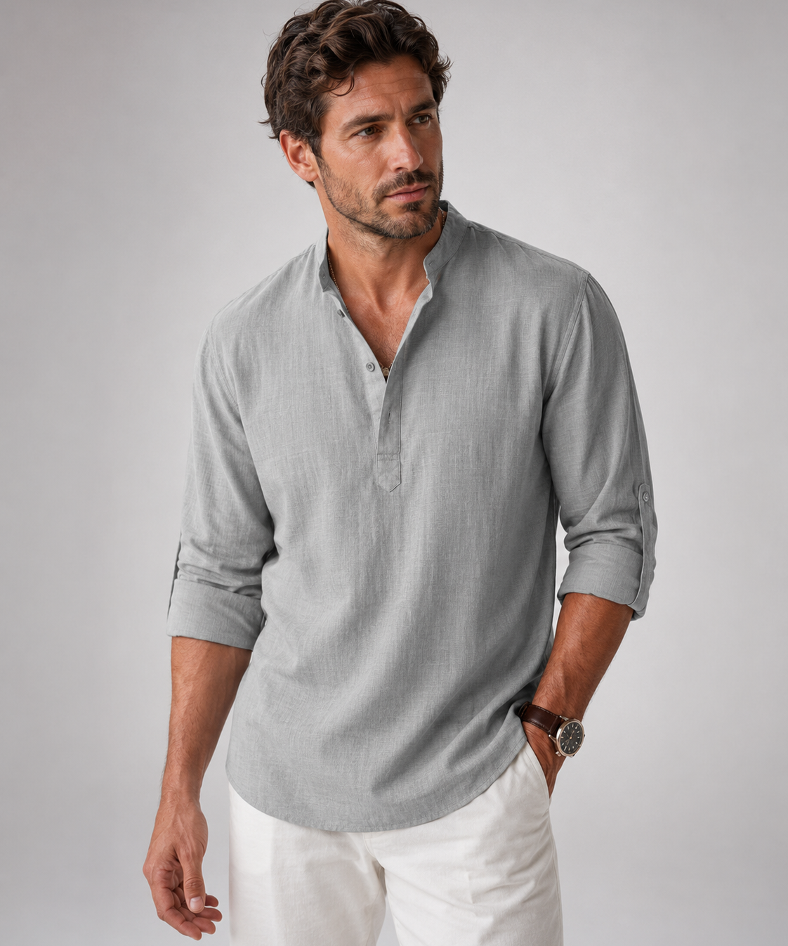 Chemise Henley en Coton et Lin – Manches Longues, Coupe Décontractée, Pour le Quotidien
