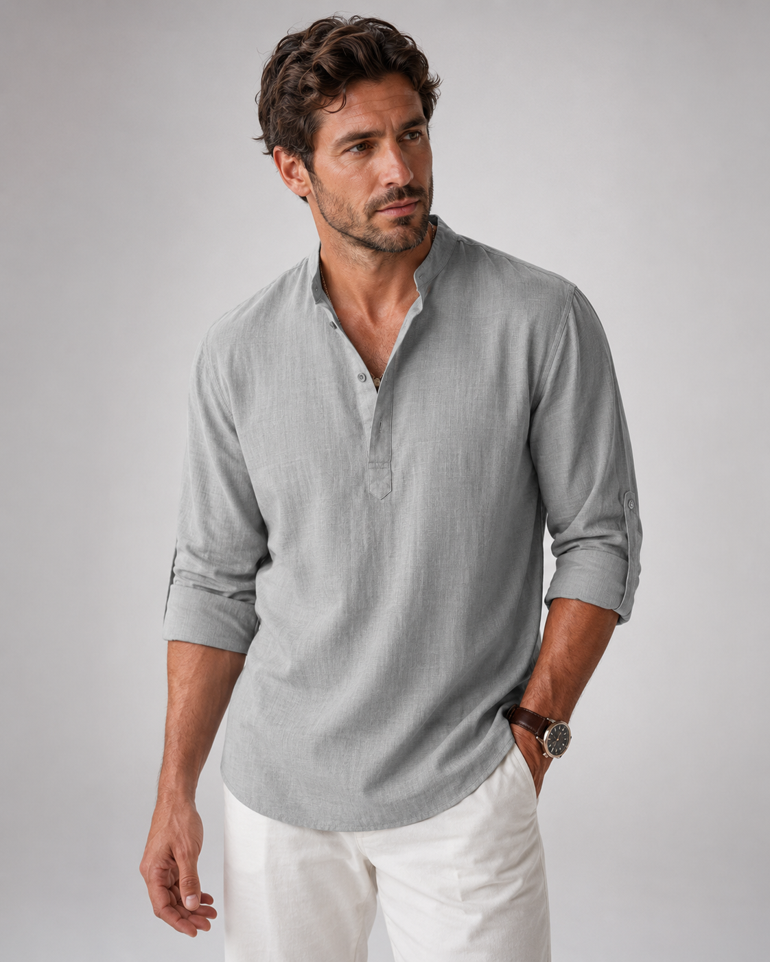 Chemise Henley en Coton et Lin – Manches Longues, Coupe Décontractée, Pour le Quotidien