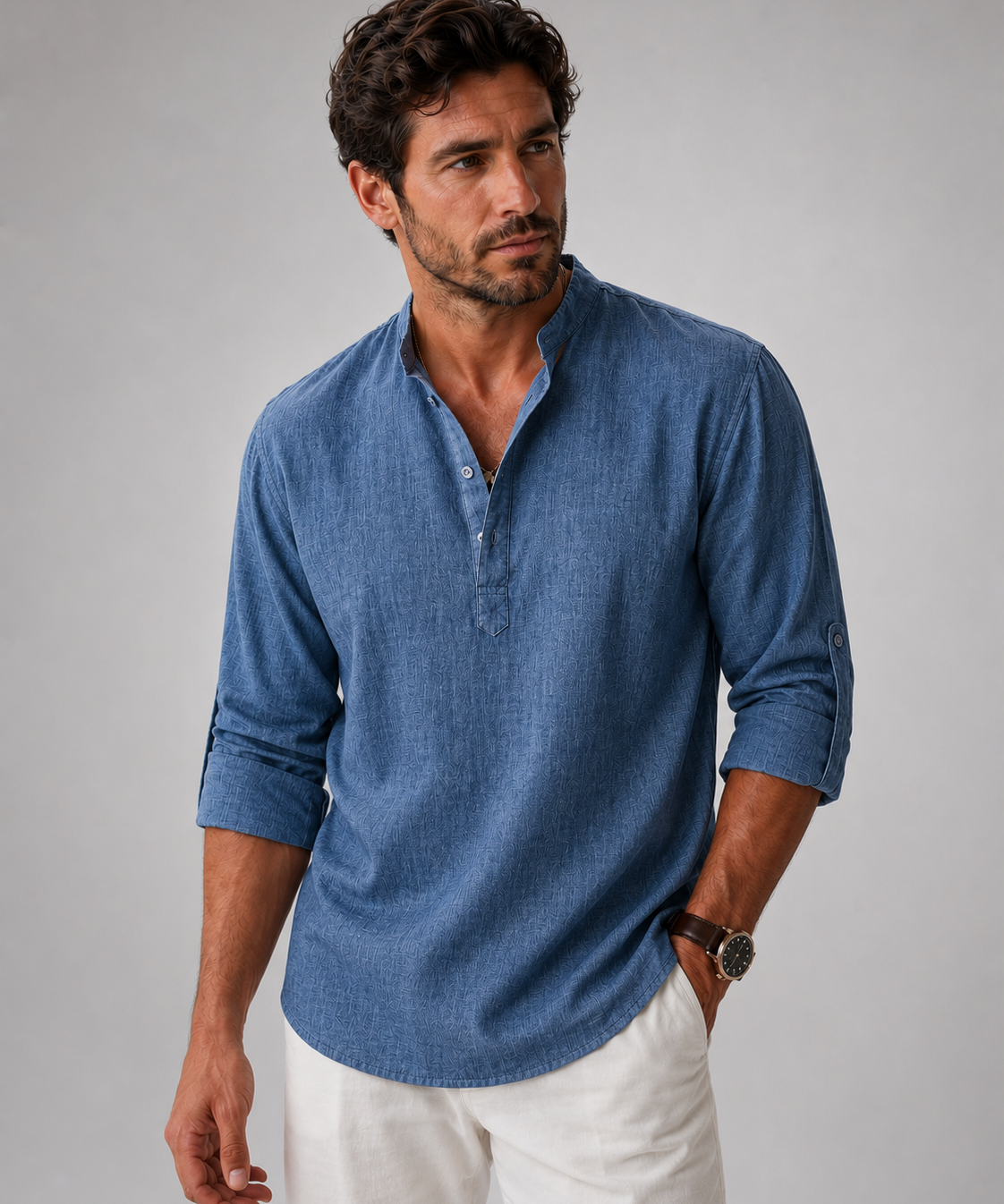 Chemise Henley en Coton et Lin – Manches Longues, Coupe Décontractée, Pour le Quotidien