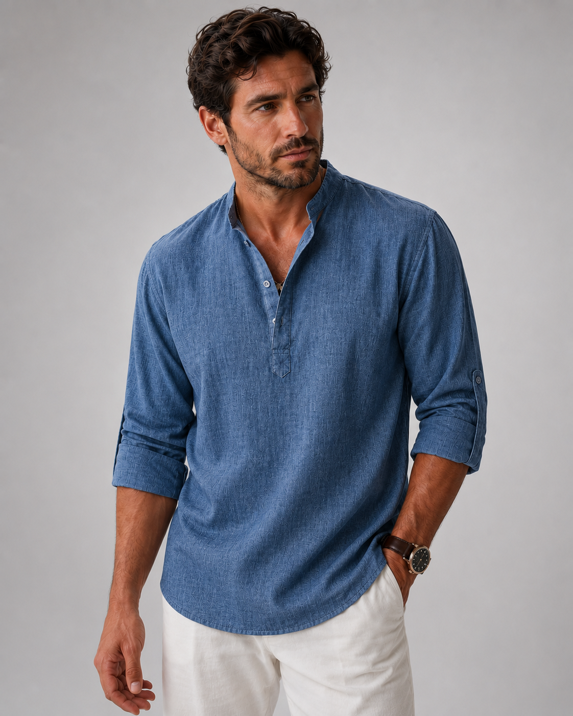Chemise Henley en Coton et Lin – Manches Longues, Coupe Décontractée, Pour le Quotidien