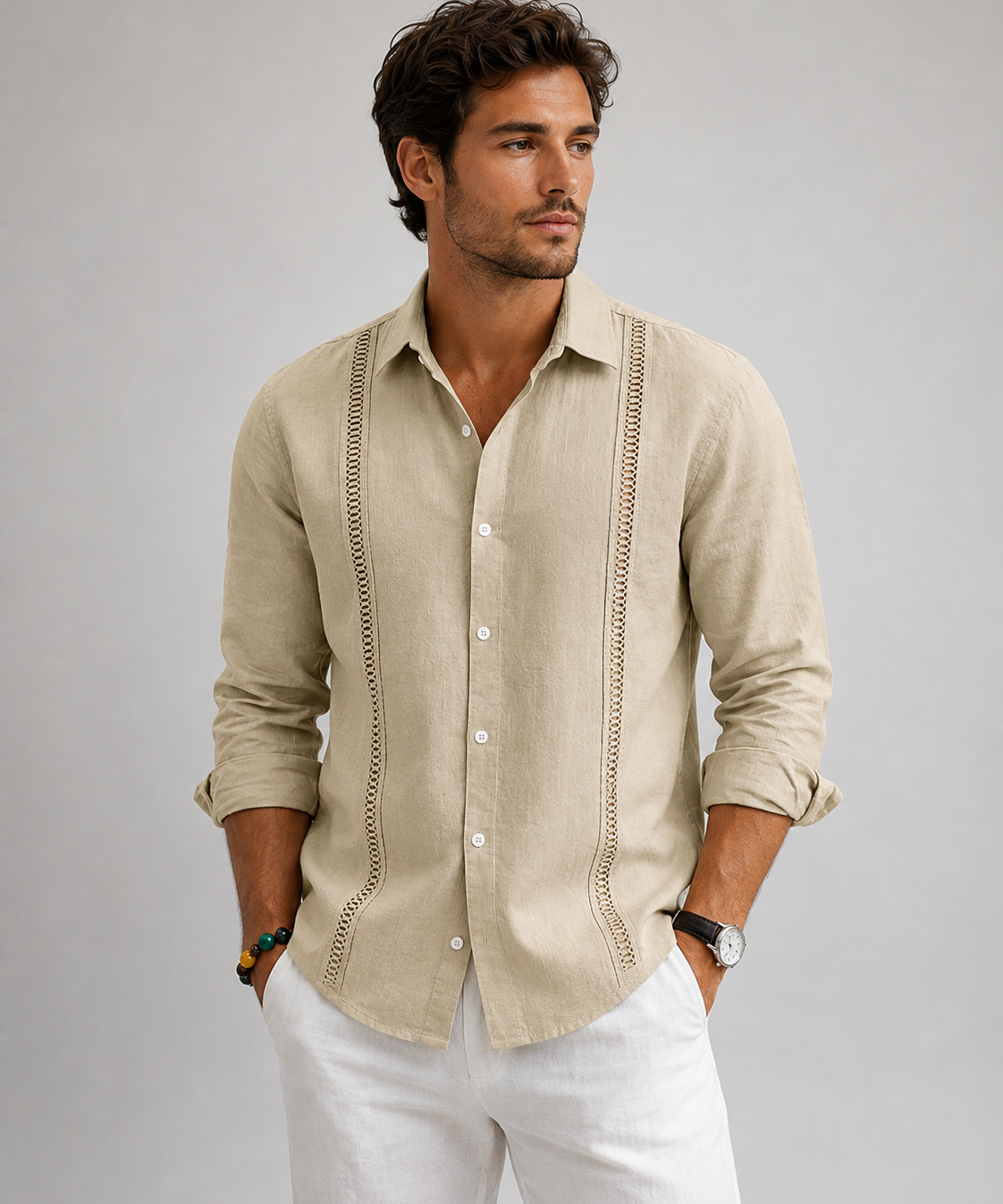 Chemise Homme en Lin – Manches Longues, Texture Froissée, Style Décontracté