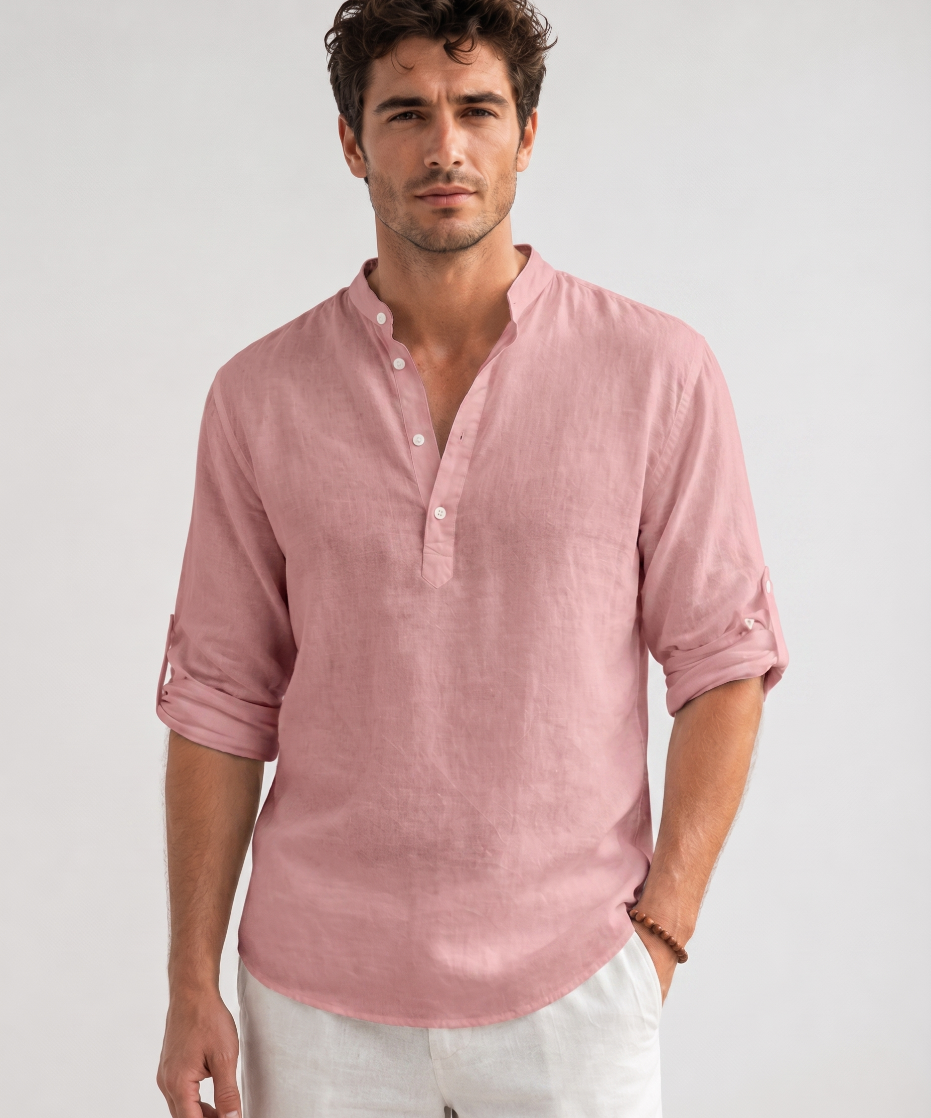 Chemise en Lin – Coupe Regular, Col Montant et Manches Longues pour le Quotidien