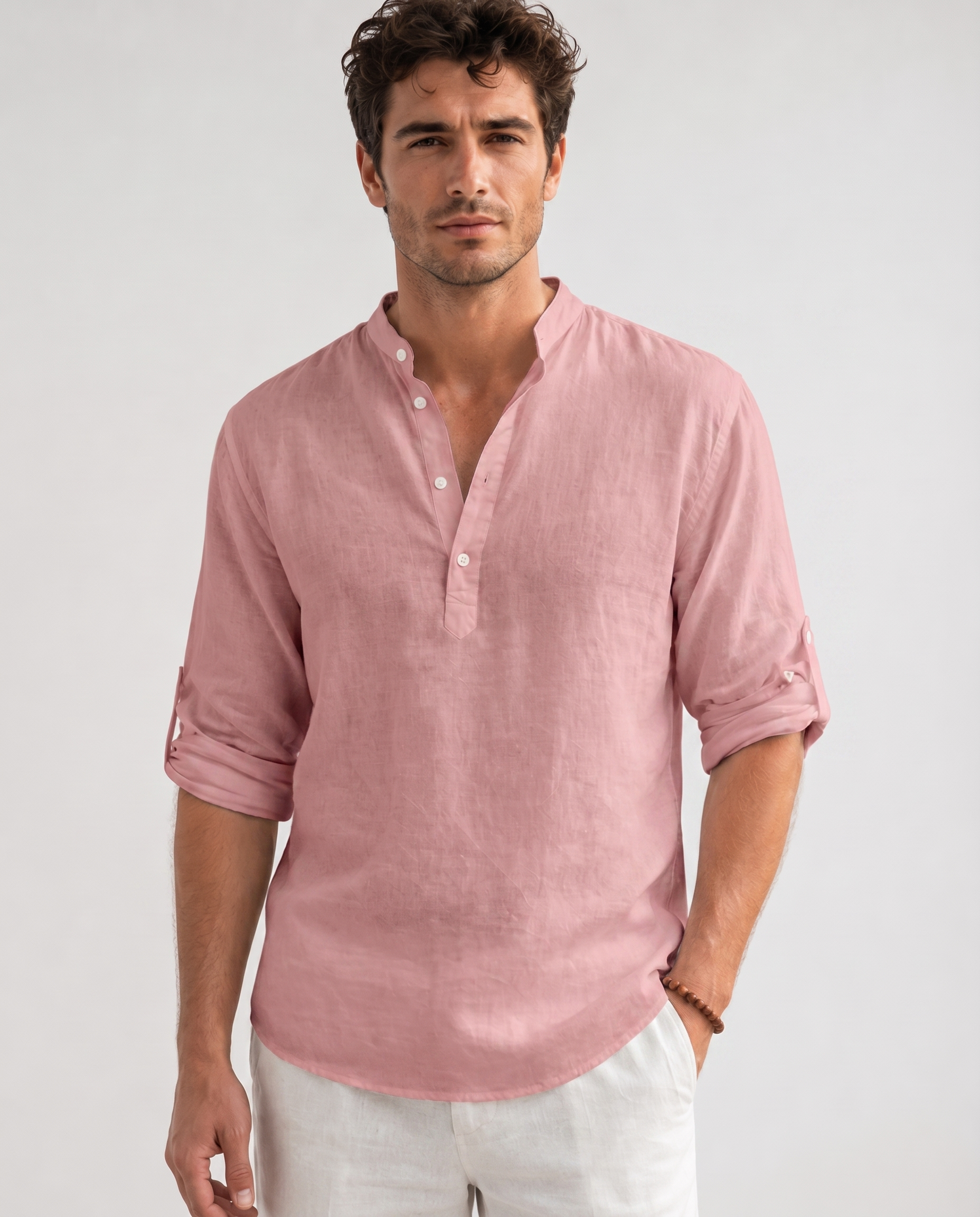 Chemise en Lin – Coupe Regular, Col Montant et Manches Longues pour le Quotidien