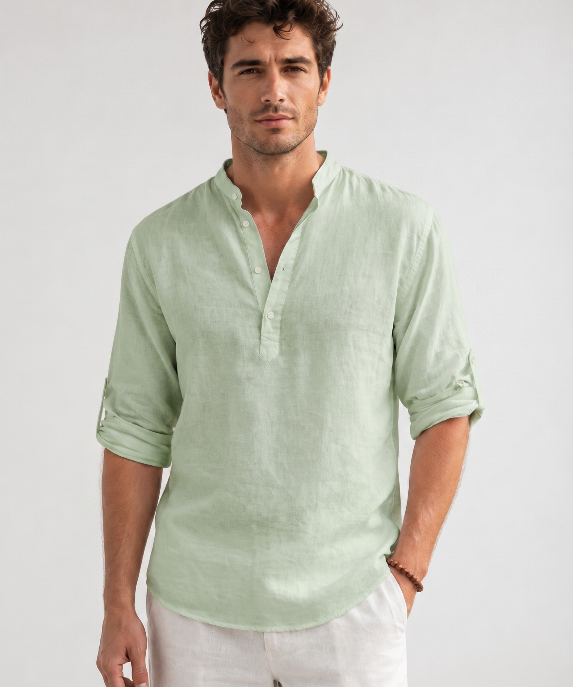 Chemise en Lin – Coupe Regular, Col Montant et Manches Longues pour le Quotidien