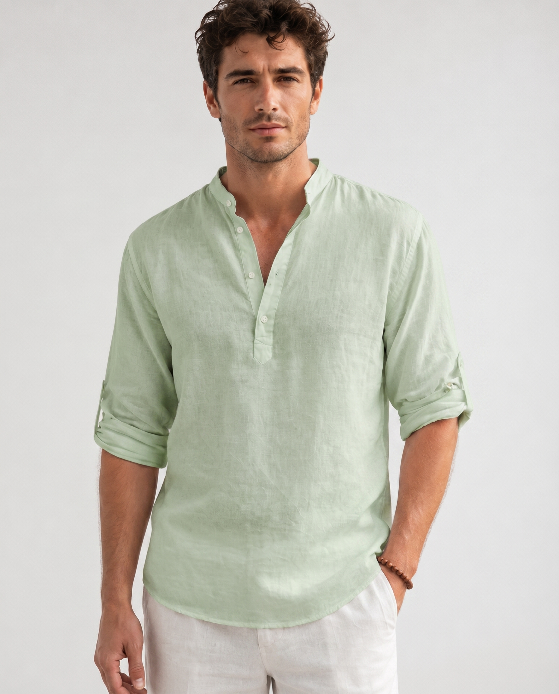Chemise en Lin – Coupe Regular, Col Montant et Manches Longues pour le Quotidien
