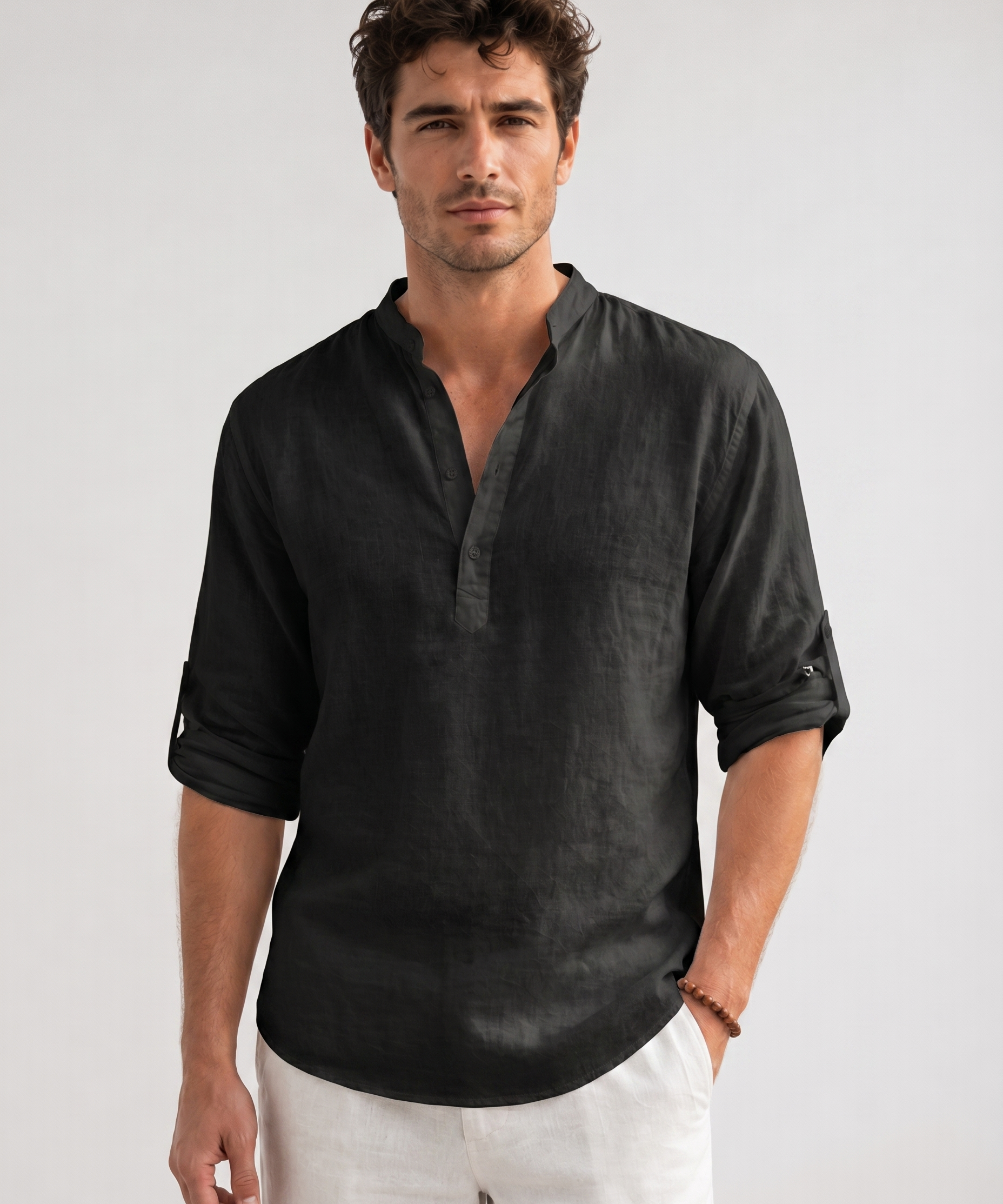 Chemise en Lin – Coupe Regular, Col Montant et Manches Longues pour le Quotidien