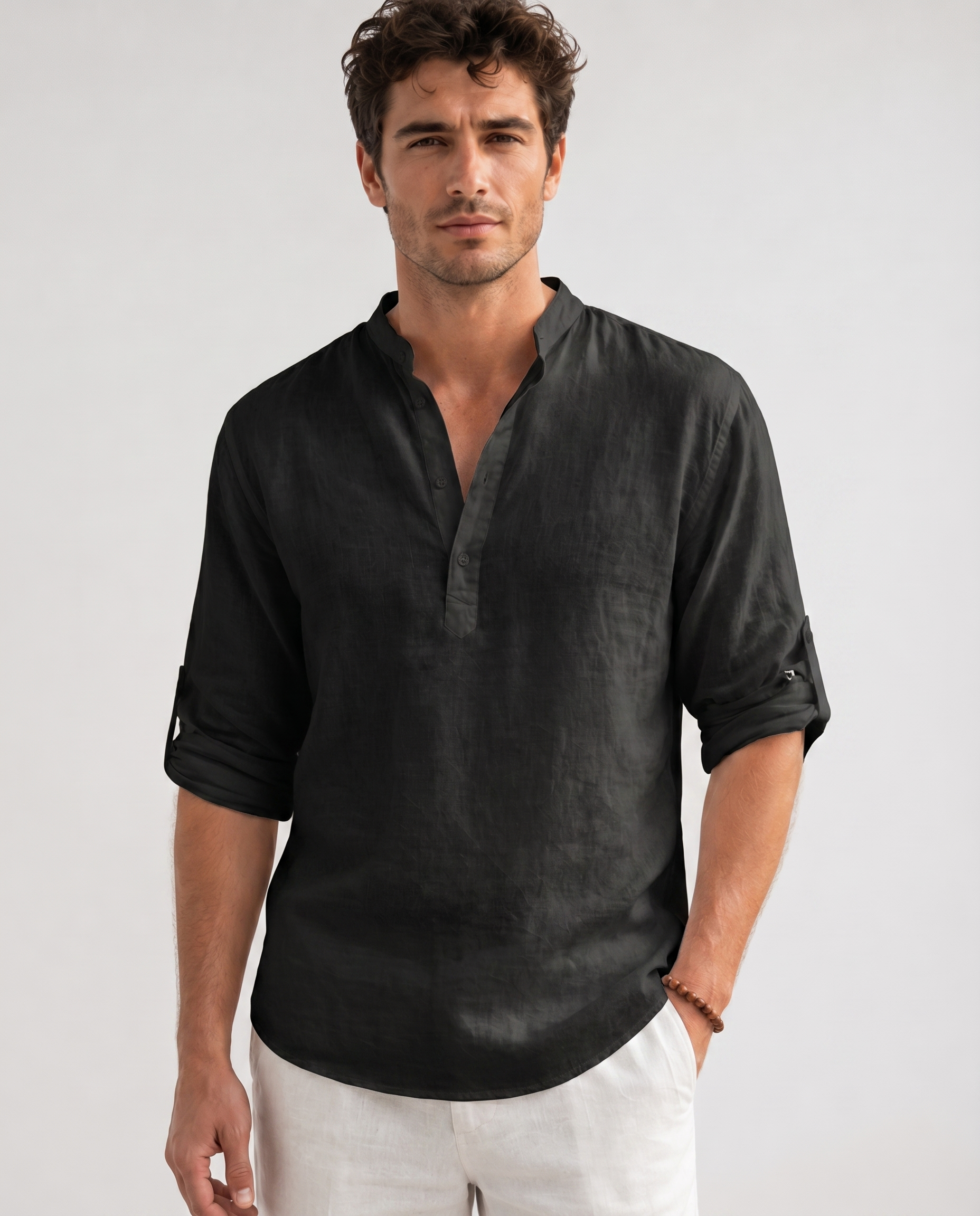 Chemise en Lin – Coupe Regular, Col Montant et Manches Longues pour le Quotidien