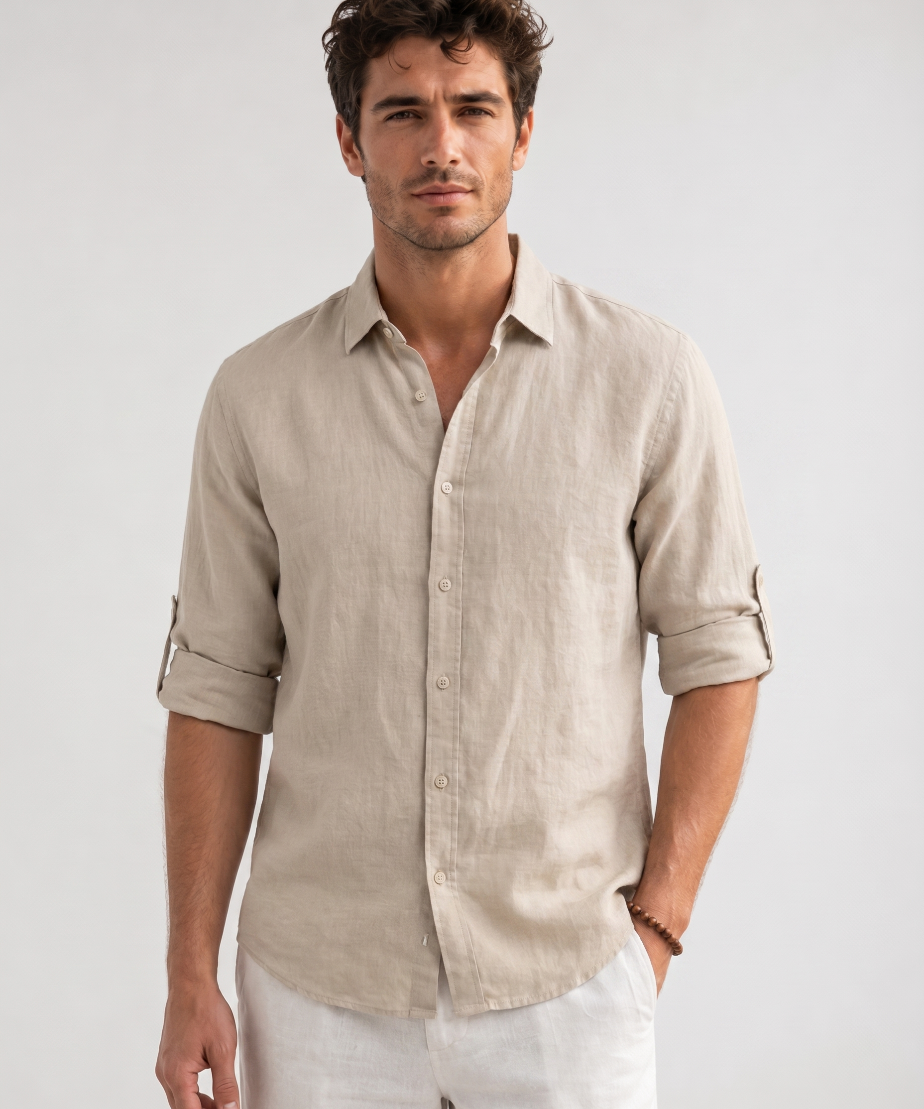 Chemise en Lin – Coupe Regular, Col Montant et Manches Longues pour le Quotidien