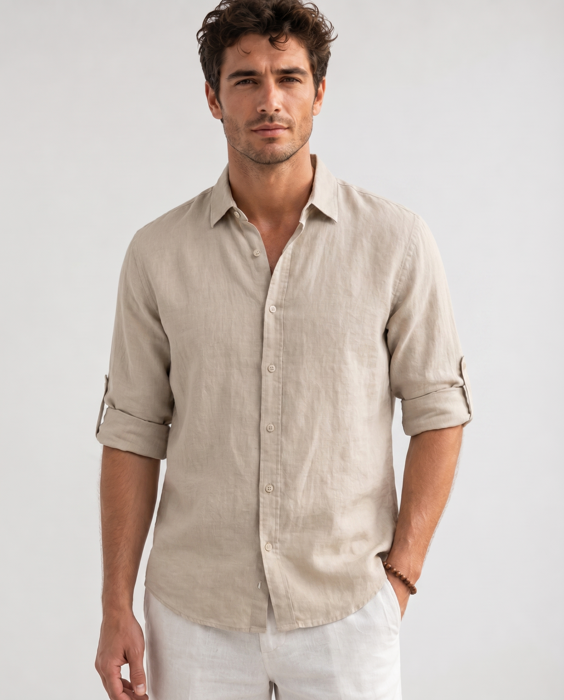 Chemise en Lin – Coupe Regular, Col Montant et Manches Longues pour le Quotidien