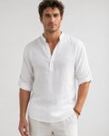 Chemise en Lin – Coupe Regular, Col Montant et Manches Longues pour le Quotidien