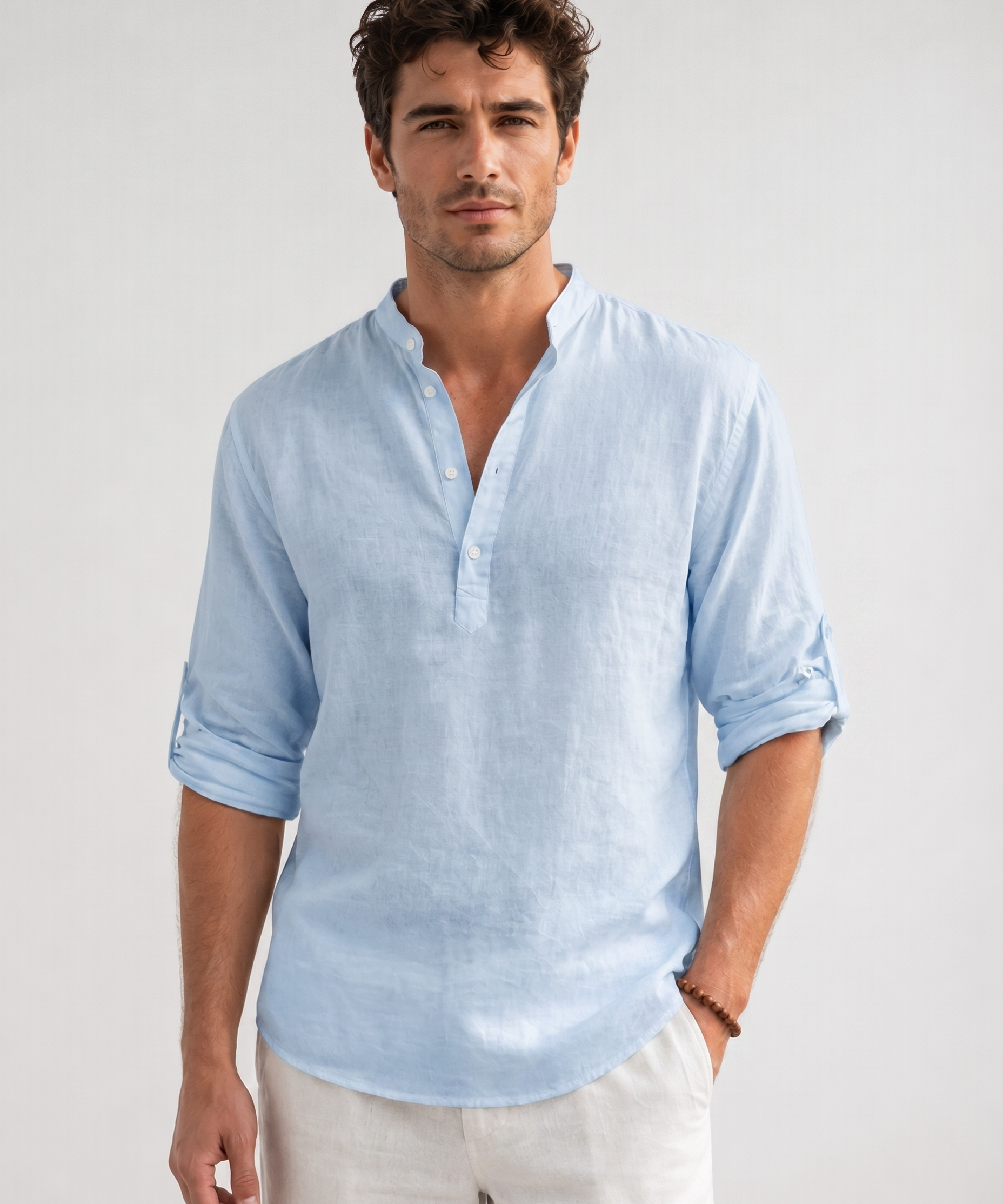Chemise en Lin – Coupe Regular, Col Montant et Manches Longues pour le Quotidien
