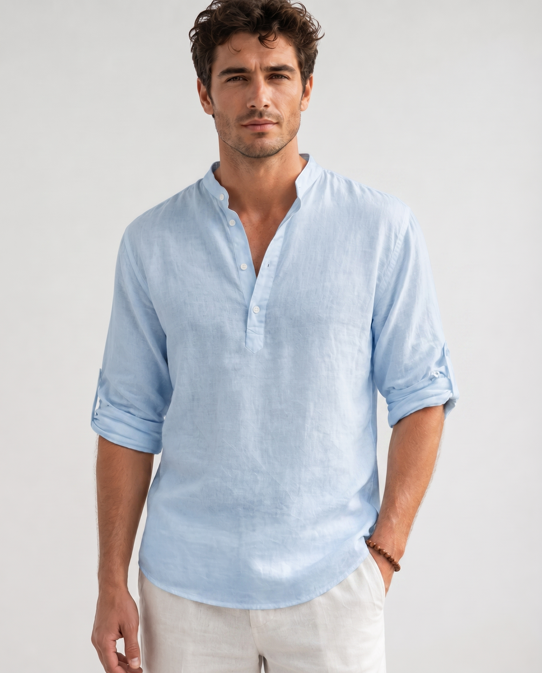 Chemise en Lin – Coupe Regular, Col Montant et Manches Longues pour le Quotidien