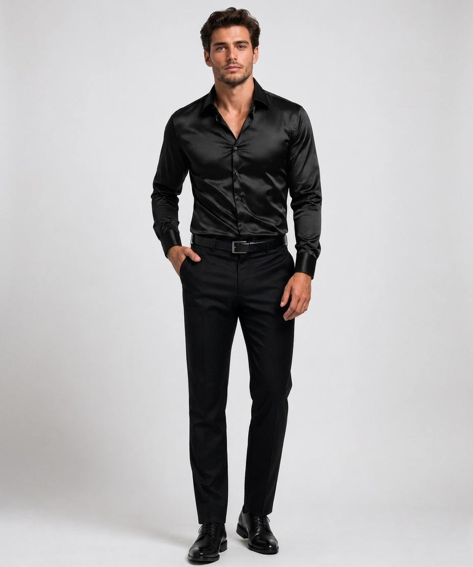 Chemise en Soie pour Homme – Col italien patte boutonnée bureau et cérémonie