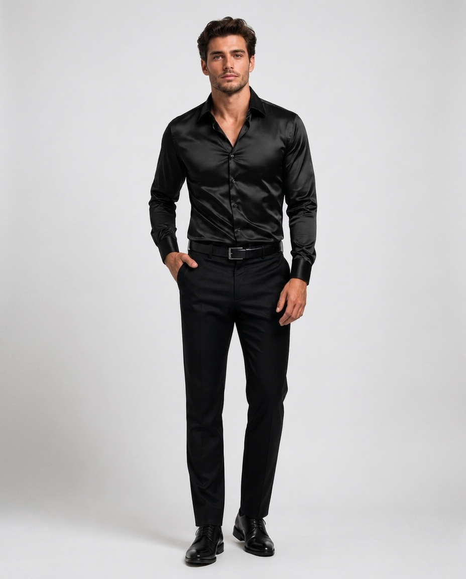 Chemise en Soie pour Homme – Col italien patte boutonnée bureau et cérémonie