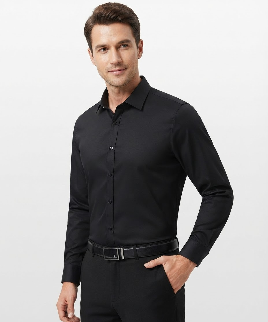Chemise homme en polyester – Manches longues, coupe slim, style classique, affaires