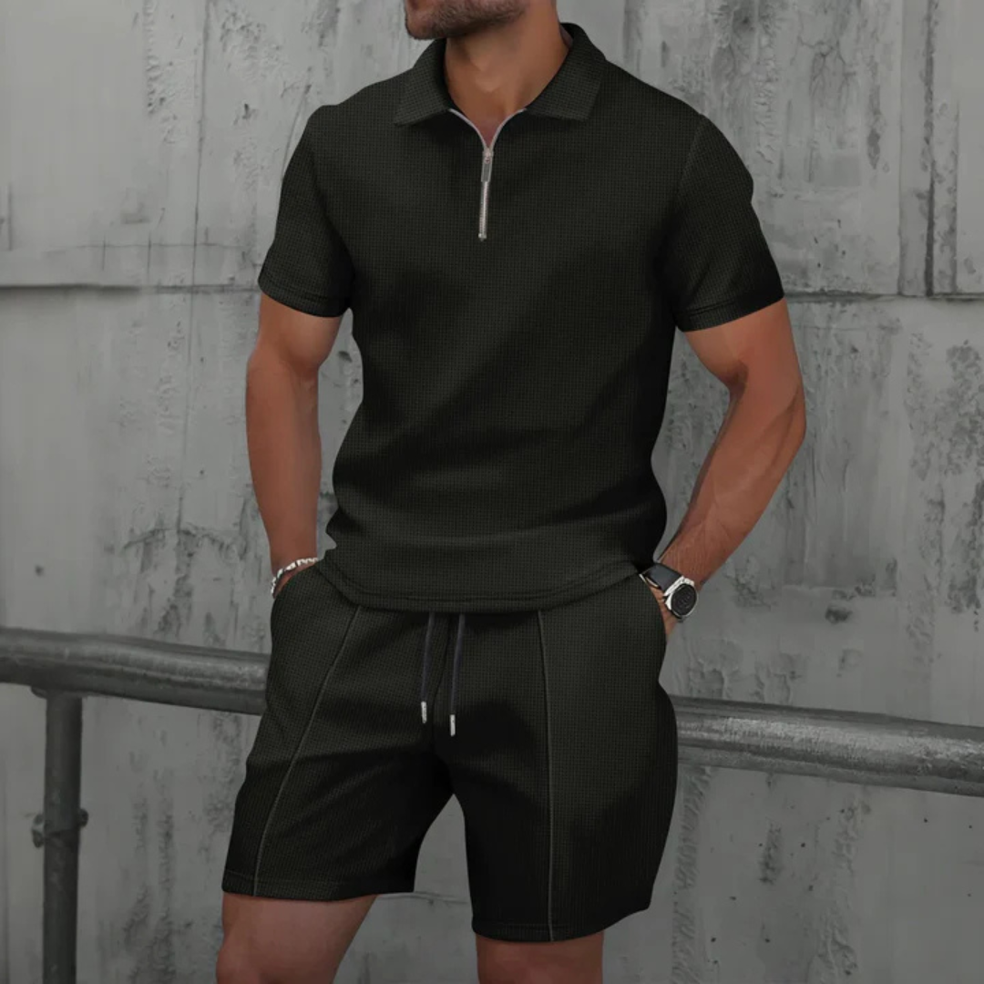 Ensemble Co-Ord - Polo à Col Zippé en Mélange Doux et Shorts à Cordon