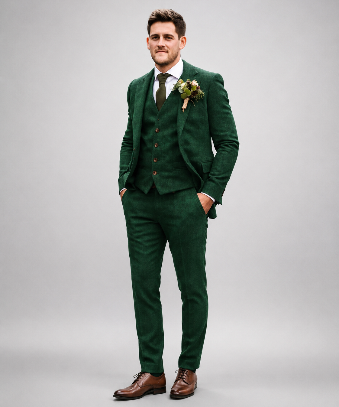 Costume trois pièces homme – Coupe slim, tweed chevron, tenue de cérémonie