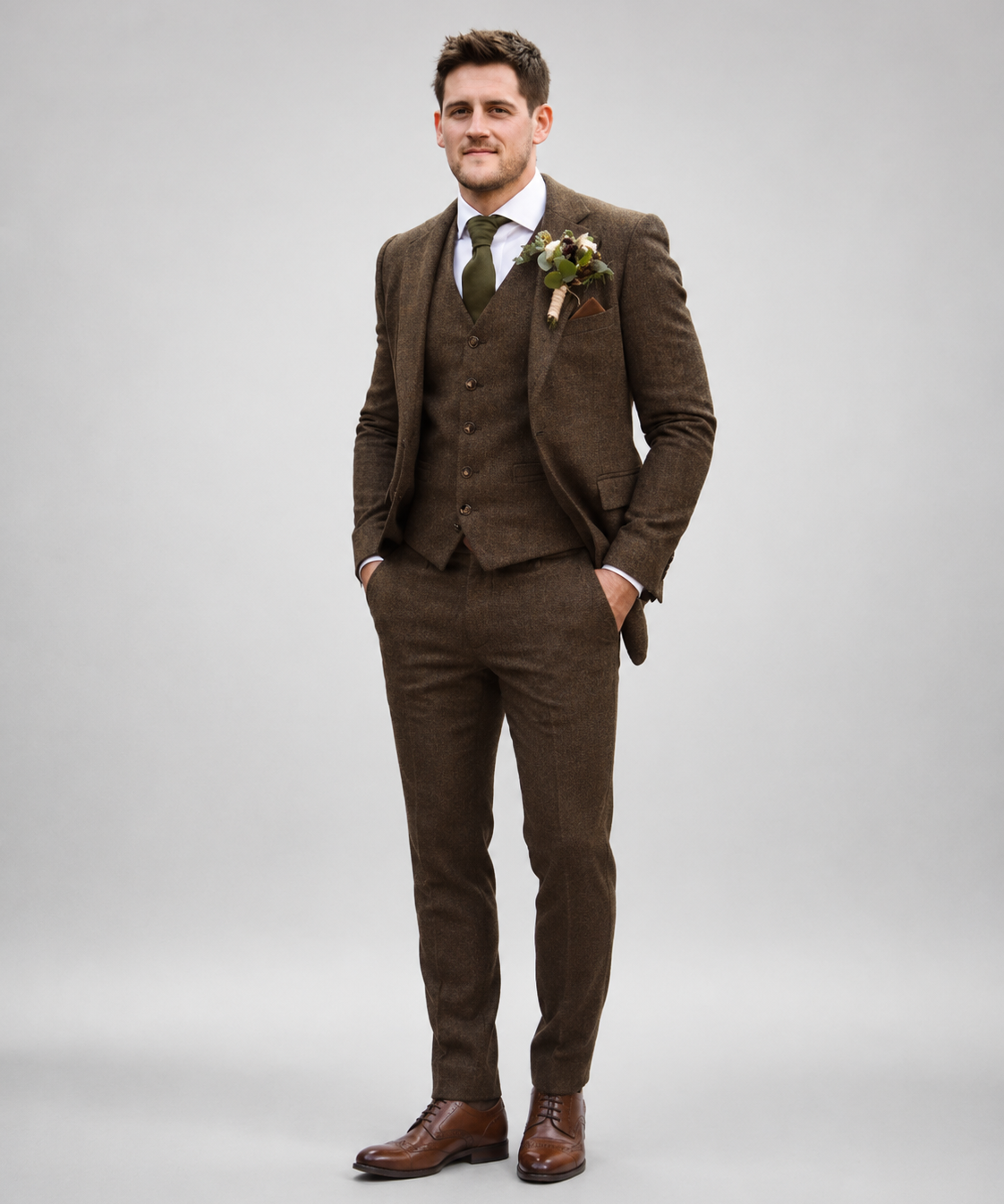 Costume trois pièces homme – Coupe slim, tweed chevron, tenue de cérémonie