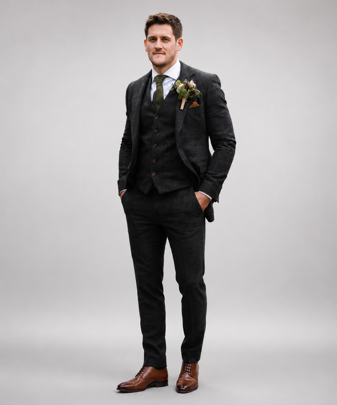 Costume trois pièces homme – Coupe slim, tweed chevron, tenue de cérémonie