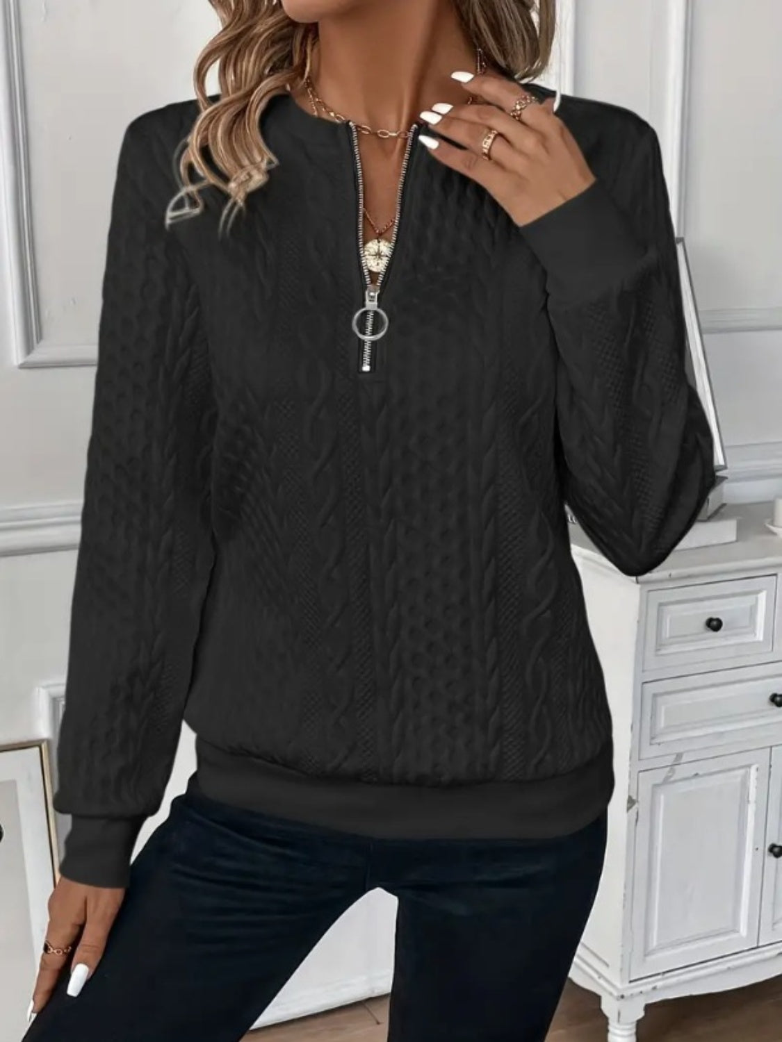 Sweat-Shirt Femme à Demi-Zip avec Texture Premium