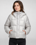 Doudoune femme en duvet – col montant, coupe courte à capuche, style hivernal
