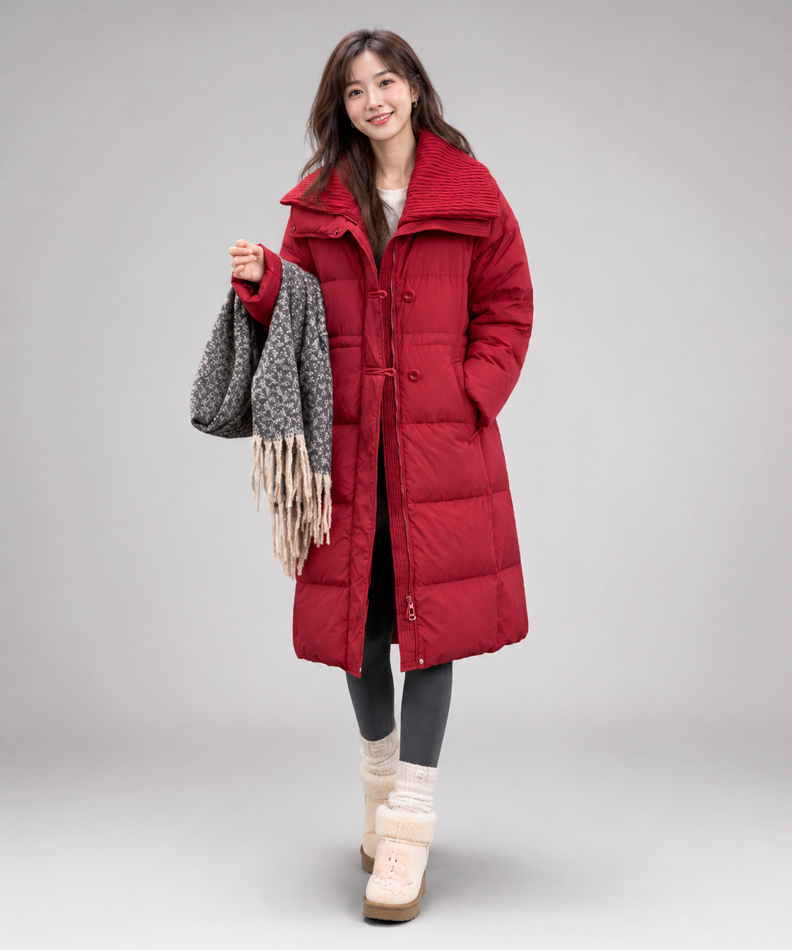 Doudoune grande taille femme – col large, coupe longue, détail patchwork