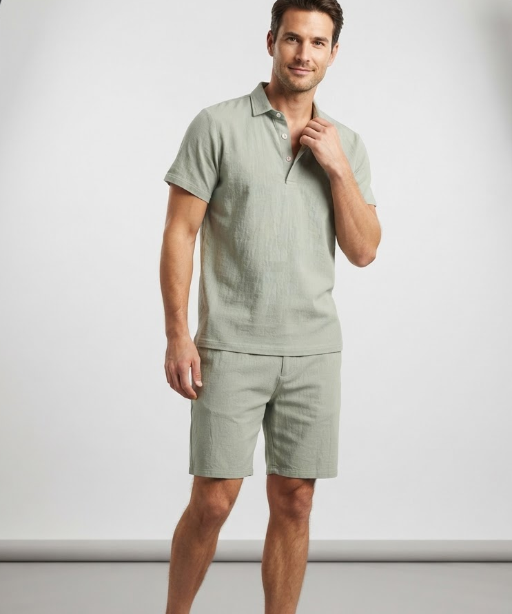 Ensemble homme polo et short en lin – Col polo, manches courtes, style estival