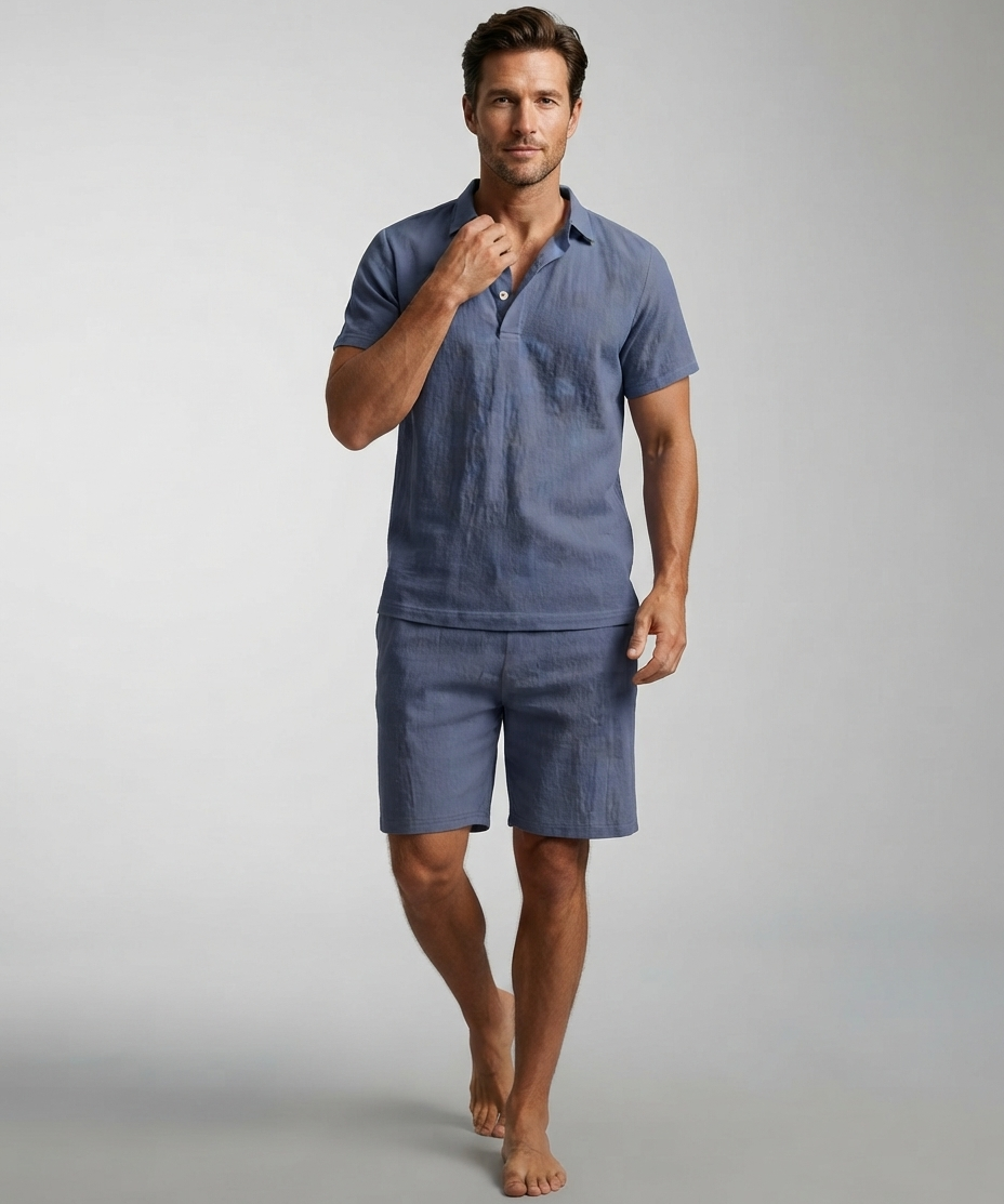 Ensemble homme polo et short en lin – Col polo, manches courtes, style estival