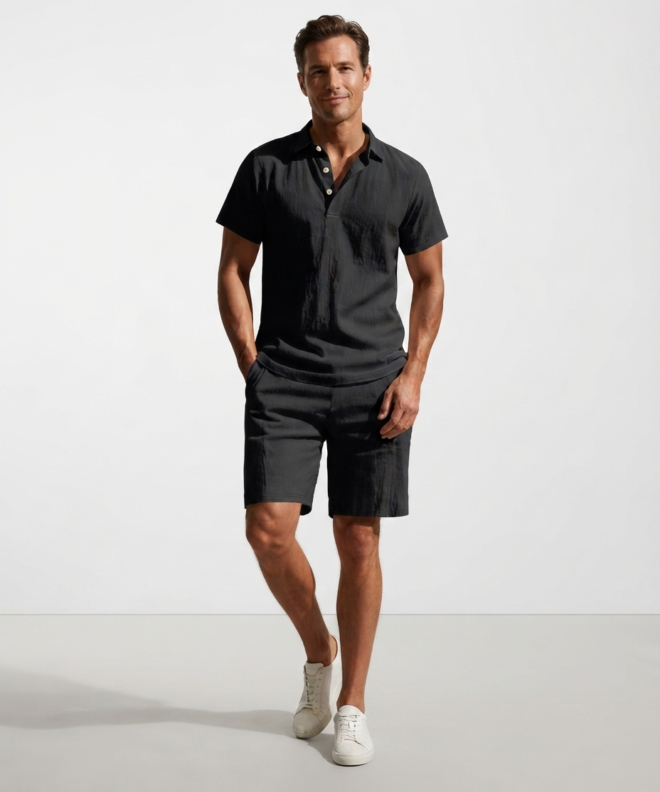 Ensemble homme polo et short en lin – Col polo, manches courtes, style estival