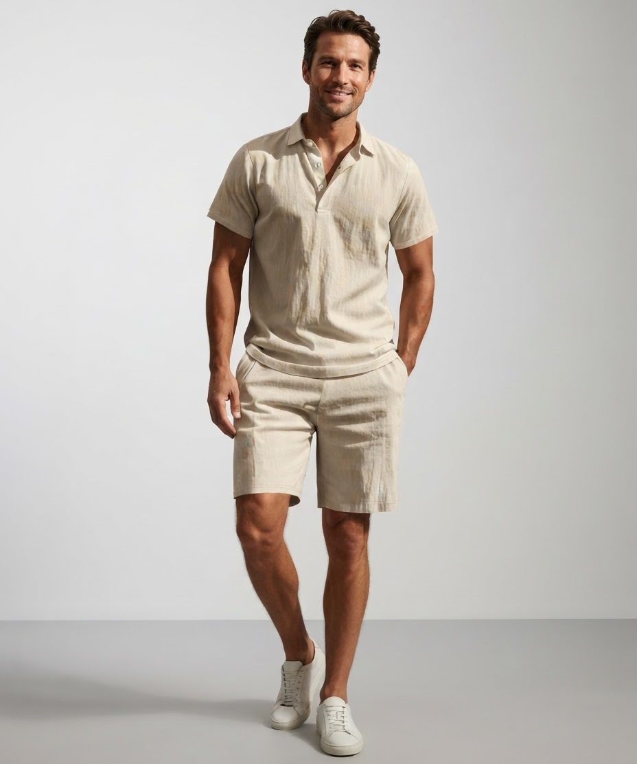 Ensemble homme polo et short en lin – Col polo, manches courtes, style estival