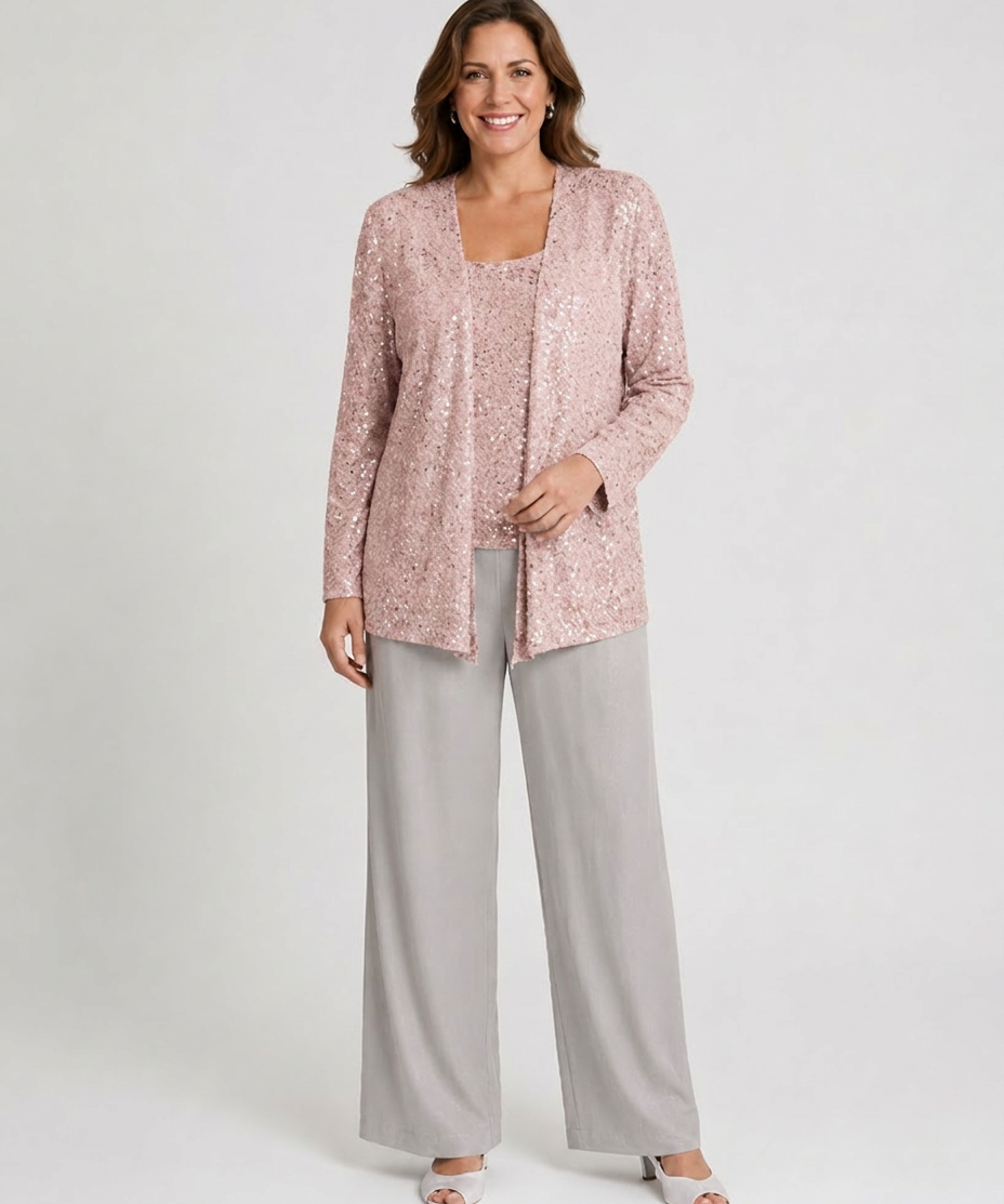 Ensemble trois pièces à paillettes – pantalon jambes larges veste texturée pour cérémonie
