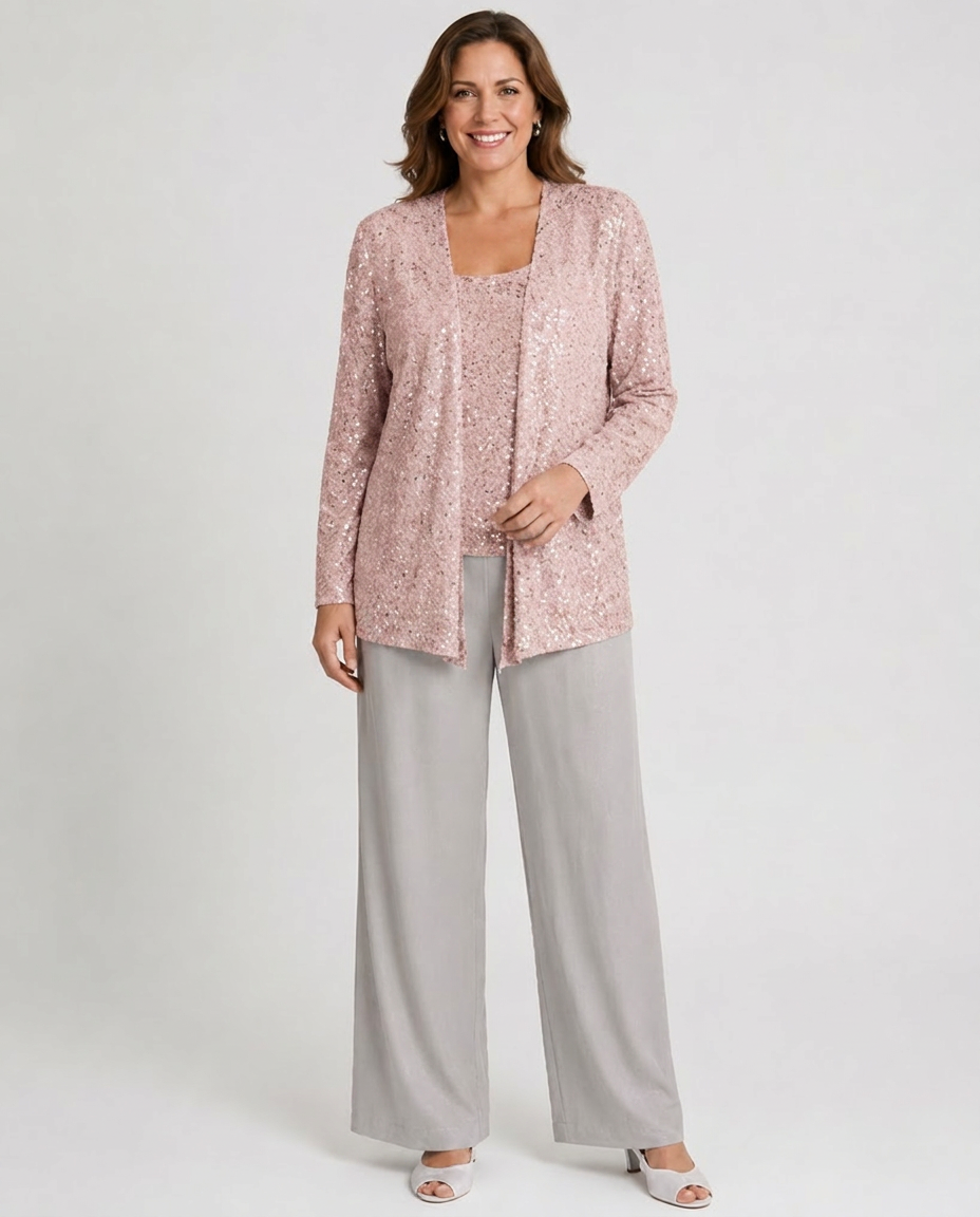 Ensemble trois pièces à paillettes – pantalon jambes larges veste texturée pour cérémonie