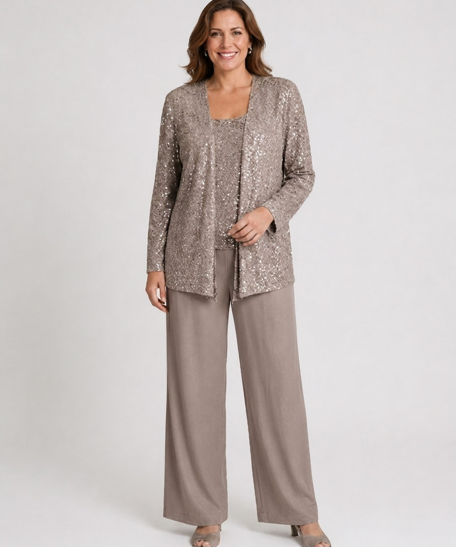 Ensemble trois pièces à paillettes – pantalon jambes larges veste texturée pour cérémonie