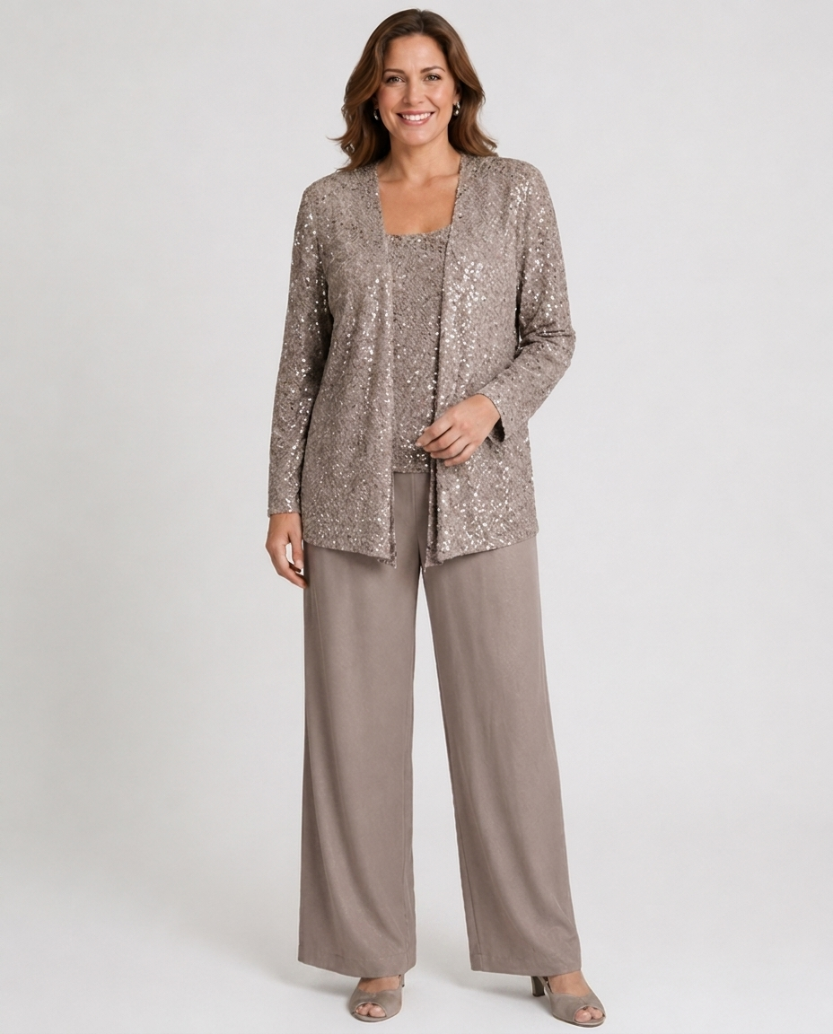 Ensemble trois pièces à paillettes – pantalon jambes larges veste texturée pour cérémonie