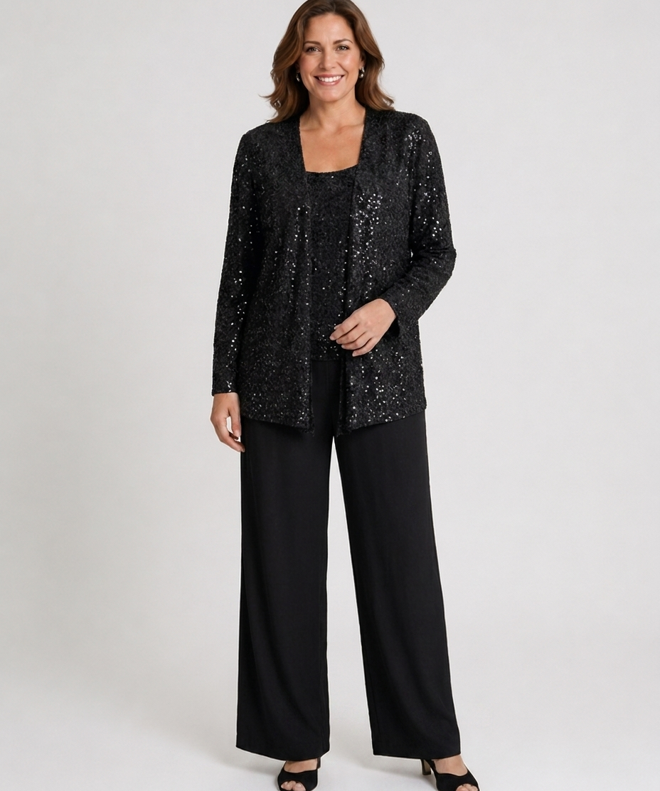 Ensemble trois pièces à paillettes – pantalon jambes larges veste texturée pour cérémonie