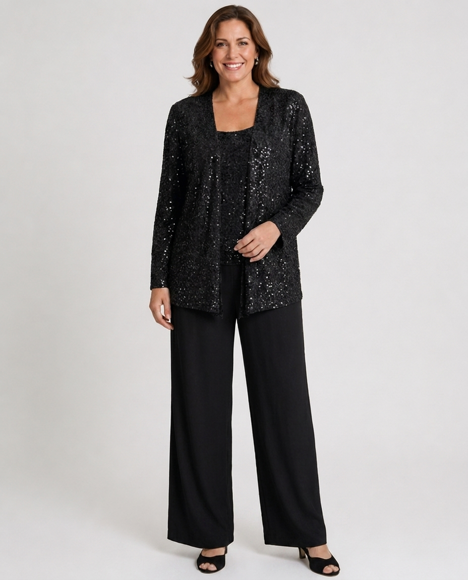 Ensemble trois pièces à paillettes – pantalon jambes larges veste texturée pour cérémonie